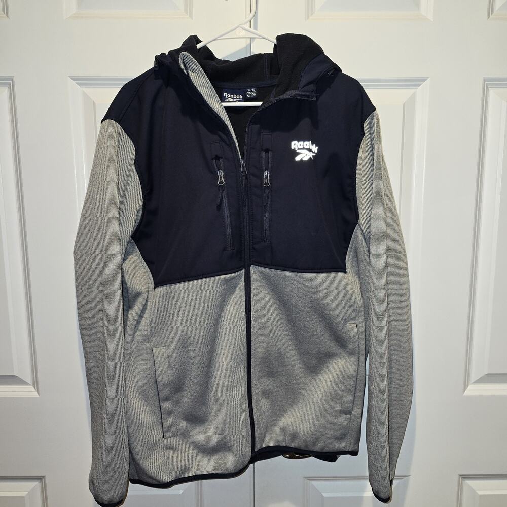 Reebok Mens Softshell Full Zip Jacket Hooded Fleece Lined Heather Grey Navy XL